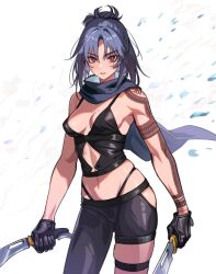 Rule 34 | 1girl, arm tattoo, bare shoulders, belt, black belt, black cape, black gloves, black hair, black pants, breasts, brown eyes, cape, contrapposto, cowboy shot, crop top, gloves, holding, holding sword, holding weapon, kuso otoko, medium breasts, medium hair, original, pants, parted bangs, parted lips, petals, skindentation, solo, sword, tattoo, teeth, weapon, white background