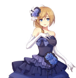 Rule 34 | 1girl, bare shoulders, blonde hair, blue dress, blue flower, blue hair, breasts, corsage, cowboy shot, dress, elbow gloves, eyebrows, flower, frills, gloves, hair between eyes, hair flower, hair ornament, hair over shoulder, hand on own chest, lipstick, looking at viewer, makeup, pawnluoluo, rodney (warship girls r), simple background, smile, solo, warship girls r, white background, white gloves