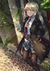 Rule 34 | 1girl, absurdres, against wall, alternate costume, artoria pendragon (all), artoria pendragon (fate), black coat, black pantyhose, blonde hair, blue skirt, brick wall, coat, coffee cup, cup, disposable cup, fate/grand order, fate (series), highres, hitomin (ksws7544), holding, holding cup, huge filesize, long hair, long sleeves, necktie, outdoors, pantyhose, plaid, plaid necktie, plaid neckwear, plaid skirt, ponytail, red necktie, saber alter, shirt, skirt, smile, solo, standing, white shirt, yellow eyes