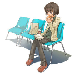 Rule 34 | book, brown hair, chair, denim, eating, jeans, lowres, mcdonald&#039;s, open book, pants, reading, red footwear, shoes, short hair, solo