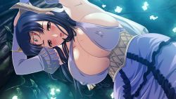 Rule 34 | 10s, 1girl, against tree, armpits, arms up, black hair, blush, breasts, brown eyes, cleavage, elbow gloves, covered erect nipples, game cg, gloves, huge breasts, kyonyuu fantasy, long hair, looking at viewer, mole, outdoors, roxanne de desir, solo, sunlight, sweat, tree