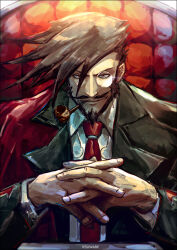 Rule 34 | 1boy, artist name, beard, chair, coat, collared shirt, facial hair, guilty gear, k-suwabe, long sleeves, looking at viewer, male focus, manly, mature male, monocle, mustache, necktie, own hands clasped, own hands together, portrait, red necktie, shirt, sitting, slayer (guilty gear), smoking pipe, solo, spiked hair
