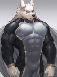 Rule 34 | 1boy, arms at sides, bara, black bodysuit, bodysuit, bulge, covered navel, feet out of frame, frown, grey bodysuit, highres, large pectorals, looking ahead, male focus, muscular, muscular male, neumo, original, pectorals, short hair, solo, superhero costume, thick eyebrows, triceps, two-tone bodysuit