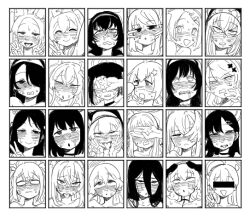 Rule 34 | 6+girls, ahegao, ahoge, airi (blue archive), animal ears, azusa (blue archive), blue archive, blush, cat ears, censored, choker, closed eyes, closed mouth, covering one eye, covering own eyes, double v, drooling, glasses, greyscale, guman project, hair between eyes, halo, hanae (blue archive), hanako (blue archive), hasumi (blue archive), head wings, hifumi (blue archive), hinata (blue archive), ichika (blue archive), identity censor, kazusa (blue archive), koharu (blue archive), long hair, looking at viewer, mari (blue archive), mashiro (blue archive), monochrome, multiple girls, open mouth, portrait, reisa (blue archive), rolling eyes, sakurako (blue archive), seia (blue archive), serina (blue archive), shimiko (blue archive), smile, suzumi (blue archive), tongue, tongue out, ui (blue archive), v, wings