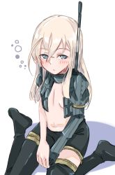 Rule 34 | 1girl, alakoala, bad id, bad twitter id, black thighhighs, blonde hair, blue eyes, blush, closed mouth, cropped jacket, elbow gloves, flat chest, gloves, grey gloves, grey jacket, hair between eyes, highres, jacket, kantai collection, long hair, no headwear, short sleeves, single glove, sitting, solo, thighhighs, u-511 (kancolle), wariza
