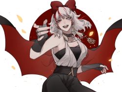 Rule 34 | 1girl, bare shoulders, blunt bangs, bow, cape, chuo4016, confetti cousin, earrings, fingerless gloves, gloves, grey eyes, hair bow, hairband, heterochromia, highres, jewelry, looking at viewer, multicolored hair, outstretched arm, red eyes, red hair, short hair, sky: children of the light, smile, solo, streaked hair, tassel, tassel earrings, white eyes, white hair