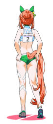 1girl alternate_hairstyle animal_ears ass bare_shoulders crop_top ear_covers from_behind full_body hair_bun heel_up highres horse_ears horse_girl horse_tail orange_hair race_bib sarcophage shoes silence_suzuka_(umamusume) simple_background sneakers solo sportswear standing tail umamusume white_background