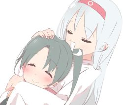 Rule 34 | 2girls, blush, commentary, ears visible through hair, closed eyes, green hair, hairband, hand on another&#039;s head, headpat, kantai collection, long hair, multiple girls, shoukaku (kancolle), simple background, smile, twintails, upper body, white background, white hair, yoru nai, zuikaku (kancolle)
