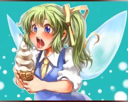 Rule 34 | 1girl, blue eyes, blush, daiyousei, female focus, food, green hair, ice cream, ice cream cone, open mouth, sachito, saliva, sexually suggestive, short hair, side ponytail, solo, tongue, tongue out, touhou, upper body, wide-eyed, wings