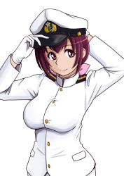 Rule 34 | 1girl, adjusting clothes, adjusting headwear, admiral (kancolle), admiral (kancolle) (cosplay), bakusai, breasts, cosplay, gloves, hat, hoshizora ikuyo, kantai collection, large breasts, military, military uniform, naval uniform, peaked cap, pink eyes, precure, red hair, simple background, smile, smile precure!, solo, uniform, white background, white gloves