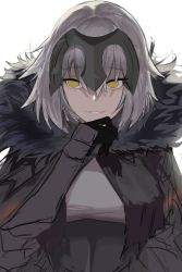 Rule 34 | 1girl, armor, armored dress, bad id, bad twitter id, bburi, black gloves, breasts, fate/grand order, fate (series), fur trim, gloves, grin, headpiece, highres, jeanne d&#039;arc (fate), jeanne d&#039;arc alter (avenger) (fate), jeanne d&#039;arc alter (fate), large breasts, looking at viewer, parted lips, short hair, silver hair, smile, unfinished, yellow eyes