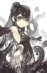 1girl bare_shoulders black_dress black_hair black_skin breasts colored_skin commentary_request dated dress eel eel_girl hair_between_eyes highres konno_takashi long_hair looking_at_viewer open_mouth original outstretched_arms ponytail sidelocks simple_background sleeveless sleeveless_dress solo wet white_background