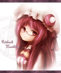 Rule 34 | 1girl, amano jack, bad id, bad pixiv id, bespectacled, character name, crescent, eyelashes, female focus, glasses, hat, hat ribbon, head tilt, highres, jitome, letterboxed, long hair, looking at viewer, magic circle, patchouli knowledge, purple eyes, purple hair, ribbon, robe, simple background, solo, touhou, upper body, white background