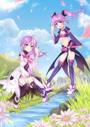 Rule 34 | 2girls, absurdres, aisha landar, bad id, bad pixiv id, cloud, day, elemental master (elsword), elsword, floral background, highres, holding, holding hair, midriff, multiple girls, navel, petals, ribbon, sky, smile, stream, symbol, twintails, void princess (elsword), wind, xes (xes 5377)
