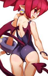 Rule 34 | 1girl, absurdres, ass, back, blue one-piece swimsuit, bracelet, cameltoe, commentary, covered anus, demon girl, demon tail, demon wings, disgaea, earrings, english commentary, etna (disgaea), fang, from behind, highres, jewelry, looking back, one-piece swimsuit, open mouth, penguru 086, pink eyes, pink hair, prinny, simple background, slit pupils, solo, swimsuit, tail, thigh gap, thighs, white background, wings