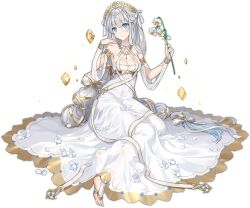 Rule 34 | 1girl, ark order, armlet, barefoot, barefoot sandals (jewelry), blue eyes, bracelet, braid, breasts, cleavage, closed mouth, clothing cutout, daffodil, detached sleeves, dress, flower, full body, gold trim, grey hair, hair ribbon, hatoyama itsuru, head wreath, jewelry, large breasts, laurel crown, looking at viewer, necklace, official art, on floor, ribbon, sitting, smile, solo, tachi-e, transparent background, virgo (ark order), white dress, white flower, white ribbon