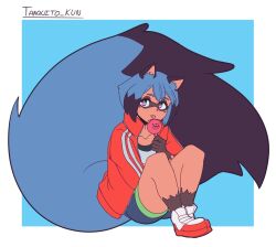 Rule 34 | 1girl, :p, animal ears, animal nose, artist name, blue hair, body fur, brand new animal, brown fur, candy, dolphin shorts, food, furry, furry female, jacket, kagemori michiru, large tail, licking, lollipop, long tail, looking at viewer, raccoon ears, raccoon girl, raccoon nose, raccoon tail, red jacket, shirt, shoes, short hair, shorts, sitting, sneakers, solo, tail, tanquito kun, tanuki, tongue, tongue out, white shirt