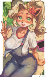 Rule 34 | 1girl, absurdres, aged up, ahoge, animal ears, animal nose, blonde hair, body fur, border, breasts, brown fur, coco bandicoot, collarbone, computer, crash bandicoot (series), dated, day, fingernails, flower, furry, furry female, green eyes, hair flower, hair ornament, hand on ground, hand rest, hand up, highres, iparupua, laptop, large breasts, long hair, looking at viewer, multicolored fur, on ground, open mouth, outdoors, overalls, shirt, short sleeves, single strap, sitting, smile, snout, solo, t-shirt, tongue, white border