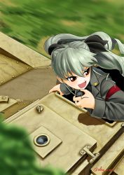 Rule 34 | 10s, 1girl, abazu-red, anchovy (girls und panzer), artist name, black shirt, blurry, brown eyes, carro veloce cv-33, depth of field, dress shirt, drill hair, girls und panzer, green hair, grey jacket, hair ribbon, highres, holding, jacket, long hair, long sleeves, military, military uniform, military vehicle, motor vehicle, open mouth, radio, ribbon, shirt, shoulder belt, signature, smile, solo, tank, twin drills, twintails, twitter username, uniform, wind