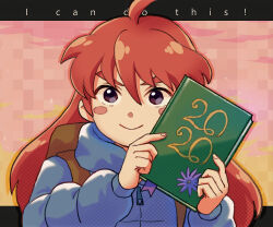 Rule 34 | 1girl, ahoge, backpack, bag, blue coat, book, celeste (video game), closed mouth, coat, english text, fuwamoko momen toufu, grey eyes, holding, holding book, long hair, long sleeves, madeline (celeste), red hair, smile, solo, upper body, zipper, zipper pull tab