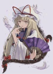 Rule 34 | 1girl, blonde hair, blush, bug, butterfly, commentary request, eyelashes, finger to mouth, floral print, frilled sleeves, frills, gap (touhou), grey background, hair ribbon, hand fan, hand up, hat, hat ribbon, holding, holding fan, insect, long hair, long sleeves, looking at viewer, mob cap, ookashippo, open mouth, red eyes, red ribbon, ribbon, solo, tabard, touhou, tress ribbon, very long hair, white hat, wide sleeves, yakumo yukari, yellow eyes