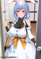 Rule 34 | 1girl, animal ear fluff, animal ears, artist name, blue hair, blush, braid, breasts, cleavage, closed mouth, covered collarbone, darkmaya, door, doorknob, holding, holding ladle, hololive, indoors, ladle, large breasts, long hair, looking at viewer, mature female, multicolored hair, pekomama, rabbit ears, rabbit girl, red eyes, smile, solo, standing, virtual youtuber, watermark, white hair