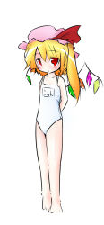 Rule 34 | 1girl, bad id, bad pixiv id, blonde hair, female focus, flandre scarlet, hat, highres, makoto (rabbit and grapes), mob cap, morooo2, name tag, one-piece swimsuit, pink hat, red eyes, school swimsuit, solo, swimsuit, touhou, white one-piece swimsuit, wings