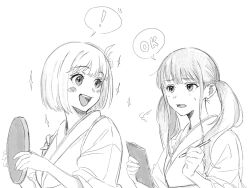 Rule 34 | !, 2girls, :d, blonde hair, blush, commentary, greyscale, hair ribbon, highres, holding, holding notepad, holding pen, holding tray, inoue takina, japanese clothes, kimono, looking at another, lycoris recoil, monochrome, multiple girls, nishikigi chisato, notepad, one side up, open mouth, pen, ribbon, sidelocks, simple background, smile, sparkle, speech bubble, spoken exclamation mark, sweatdrop, teeth, tray, twintails, upper teeth only, white background, yomo (moo 777 moo)