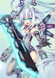 Rule 34 | &gt;:d, 10s, 1girl, :d, aiming, aiming at viewer, aqua eyes, bare shoulders, black gloves, black heart (neptunia), blush, bracer, breasts, cleavage, cleavage cutout, clothing cutout, floating, floating hair, floating object, foreshortening, gloves, headgear, highres, holding, holding weapon, huge weapon, jpeg artifacts, leotard, long hair, looking at viewer, magical girl, neon trim, neptune (series), noire (neptunia), open mouth, outstretched arm, simple background, smile, solo, sword, sxbzero, thighhighs, turtleneck, twintails, v-shaped eyebrows, very long hair, weapon, white hair