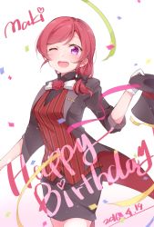 Rule 34 | 10s, 1girl, 2016, ;d, alternate hairstyle, black bow, bow, breasts, character name, confetti, dated, english text, gloves, hair bow, happy birthday, hat, hatagaya, heart, highres, holding, holding clothes, holding hat, jacket, love live!, love live! school idol festival, love live! school idol project, medium breasts, nishikino maki, one eye closed, open clothes, open jacket, open mouth, purple eyes, red hair, red shirt, ribbon, shirt, simple background, smile, solo, striped clothes, striped shirt, top hat, unworn hat, unworn headwear, white background, white gloves