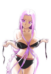 Rule 34 | 00s, 1girl, between breasts, bikini, bikini pull, black bikini, breasts, clothes pull, cowboy shot, fate/stay night, fate (series), long hair, looking at viewer, matching hair/eyes, medium breasts, medusa (fate), medusa (rider) (fate), pink eyes, pink hair, self exposure, simple background, solo, square pupils, standing, swimsuit, tagme, thigh gap, white background