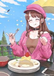 Rule 34 | 1girl, absurdres, artist name, bird, black choker, blue sky, blush, bowl, brown hair, brown tank top, cake, chair, choker, closed eyes, cloud, cloudy sky, day, earrings, food, fork, fruit, hands up, highres, holding, holding fork, jewelry, jun (navigavi), licking lips, long hair, original, outdoors, phone, plate, purple headwear, purple sweater, sky, solo, strawberry, sweater, table, tank top, tongue, tongue out, tree, umbrella, upper body, yellow umbrella