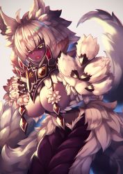 Rule 34 | 1girl, ahoge, animal ears, animal hands, black sclera, blonde hair, blunt bangs, blush, breasts, bunyip (monster girl encyclopedia), chromatic aberration, claws, colored sclera, commentary request, dark-skinned female, dark skin, diagonal bangs, fur, heart, heart in mouth, highres, huge breasts, lamia, looking at viewer, monster girl, monster girl encyclopedia, simple background, solo, totoya z, wavy mouth, white fur