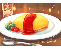 Rule 34 | cherry tomato, commentary, english text, food, food focus, glass, ketchup, letterboxed, lettuce, no humans, omelet, omurice, original, peas, plate, sparkle, spoon, still life, suzaku (zaku6584), tomato