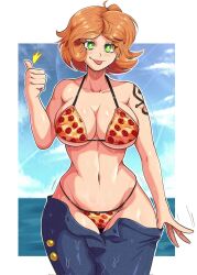 Rule 34 | 1girl, arm tattoo, bikini, bra, breasts, denim, green eyes, jeans, large breasts, nami (one piece), ocean, one piece, pants, red hair, sky, swimsuit, tattoo, thong, thumbs up, tidal, tongue, tongue out, unbuttoned pants, underwear, wet, wet clothes