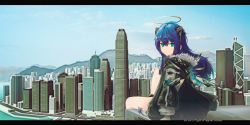 Rule 34 | 1girl, absurdres, arknights, black jacket, blue eyes, blue hair, blue sky, building, cloud, cloudy sky, commentary, day, detached wings, english commentary, english text, from behind, halo, highres, horns, jacket, letterboxed, long hair, long sleeves, looking at viewer, looking back, mostima (arknights), mountain, outdoors, puffy long sleeves, puffy sleeves, runamonet, sitting, sky, skyscraper, solo, very long hair, wings