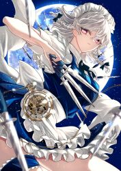 Rule 34 | 1girl, absurdres, apron, between fingers, blue dress, bow, braid, breasts, cowboy shot, dress, frilled apron, frills, full moon, grey hair, hair bow, highres, holding, holding knife, izayoi sakuya, jan (lightdragoon), knife, knives between fingers, looking at viewer, maid, maid apron, maid headdress, medium breasts, moon, night, night sky, pocket watch, puffy short sleeves, puffy sleeves, red eyes, ribbon, shirt, short hair, short sleeves, skirt, sky, solo, touhou, twin braids, waist apron, watch, weapon, white apron, white shirt