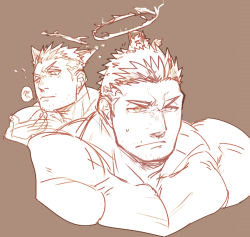 Rule 34 | 1boy, animal ears, bad id, bad pixiv id, bara, brown theme, cat ears, collage, creature on head, cropped shoulders, facial hair, fire, flaming halo, greyscale, halo, kemonomimi mode, large pectorals, male focus, mature male, monochrome, motion lines, muscular, muscular male, pectorals, po fu, short hair, sideburns, sketch, solo focus, stubble, sweatdrop, tokyo houkago summoners, translation request, zabaniyya (housamo)