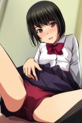 Rule 34 | 1girl, :d, absurdres, arm support, black hair, black socks, blue skirt, blurry, blurry background, blush, bow, bowtie, breasts, brown eyes, buruma, buruma under skirt, clothes lift, commentary, depth of field, dress shirt, groin tendon, hand on own stomach, highres, leaning back, lifting own clothes, long sleeves, looking at viewer, matsunaga kouyou, nose blush, on ground, open mouth, original, panties, panty peek, pleated skirt, polka dot bowtie, presenting, red bow, red bowtie, red buruma, ribbed socks, school uniform, shirt, short hair, sitting, skirt, skirt lift, small breasts, smile, socks, solo, spread legs, teeth, underwear, upper teeth only, white panties, white shirt, wide spread legs