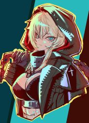 Rule 34 | 1girl, abs, absurdres, black coat, black gloves, blonde hair, breasts, chain, cleavage, closed mouth, coat, dog tags, frown, gloves, goddess of victory: nikke, highres, hood, hooded coat, inugressive, large breasts, long hair, looking at viewer, scar, solo, toned, unknown (nikke)