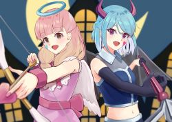 Rule 34 | 2girls, absurdres, aikatsu! (series), aikatsu friends!, angel, angel wings, arrow (projectile), bare shoulders, blue hair, blunt bangs, bow (weapon), bracelet, brown eyes, demon girl, demon horns, demon wings, fang, gloves, hair between eyes, halo, heart, heart arrow, heart tattoo, highres, horns, jewelry, long hair, looking at viewer, midriff, minato mio, multiple girls, open mouth, outstretched arm, pink hair, pitchfork, purple eyes, smile, tattoo, temple circle, vest, weapon, wings, yuki aine