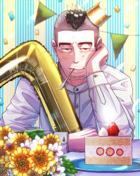 Rule 34 | 1boy, akasan haihai, balloon, birthday, black hair, blurry, blurry background, brown eyes, cake, cake slice, confetti, crown, eating, facial hair, flower, food, fork, fruit, glint, golden kamuy, highres, kadokura (golden kamuy), long sleeves, looking at viewer, male focus, mini crown, mohawk, mouth hold, plate, sitting, solo, strawberry, string of flags, stubble, tilted headwear, upper body