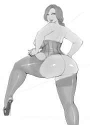 Rule 34 | ass, back, corset, earrings, from behind, high heels, highres, huge ass, jewelry, lm (legoman), long hair, looking at viewer, looking back, makeup, mature female, monochrome, simple background, smile, thighhighs, white background