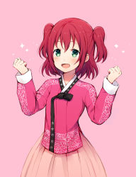 Rule 34 | 10s, 1girl, :d, alternate costume, arms up, bad id, bad pixiv id, black ribbon, blush, bubble skirt, chinese clothes, clare (puyo2), clenched hands, comic, floral print, green eyes, highres, kurosawa ruby, long sleeves, looking at viewer, love live!, love live! school idol festival, love live! sunshine!!, medium hair, open mouth, pink background, pink skirt, red hair, ribbon, simple background, skirt, smile, solo, sparkle, standing, two side up