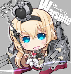 Rule 34 | 1girl, blonde hair, blue eyes, braid, cannon, character name, chibi, corset, crown, dress, flower, french braid, globus cruciger, highres, kantai collection, kuroneko (kuroneko works), long hair, long sleeves, mini crown, off-shoulder dress, off shoulder, red flower, red rose, rigging, rose, scepter, solo, thighhighs, turret, warspite (kancolle), white dress, white thighhighs