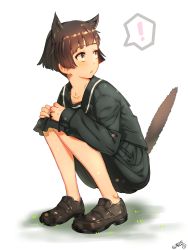 Rule 34 | !, 1girl, absurdres, animal ears, bad id, bad twitter id, black serafuku, black skirt, blunt bangs, brown hair, cat ears, cat girl, cat tail, collarbone, dated, full body, hieung, highres, knees together feet apart, loafers, looking to the side, no socks, original, parted lips, pleated skirt, school uniform, serafuku, shoes, short hair, signature, simple background, skirt, solo, spoken exclamation mark, squatting, tail, white background, yellow eyes