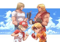 Rule 34 | 4boys, baseball cap, biceps, boxing gloves, brown eyes, coffee cup, crossover, cup, disposable cup, dougi, fatal fury, father and son, fighting stance, fingerless gloves, garou: mark of the wolves, gloves, hat, headband, ken masters, long hair, look-alike, mel masters, multiple boys, muscular, pout, red eyes, rock howard, shichii jurio, shirt, sky, street fighter, t-shirt, terry bogard, the king of fighters, trait connection