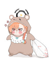 Rule 34 | 1girl, alternate costume, anger vein, animal costume, bear costume, blue archive, braid, commentary request, forehead, full body, hair between eyes, halo, highres, holding, holding pillow, long sleeves, looking at viewer, medium hair, mole, mole under eye, neru (blue archive), orange hair, outstretched arms, parted bangs, pillow, red eyes, sidelocks, simple background, single braid, sleepwear, solo, spread arms, spread legs, standing, white background, yosik