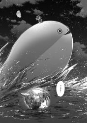 Rule 34 | 1boy, animal focus, black mouth, character request, child, cloud, edogawa conan, fish, greyscale, half moon, highres, meitantei conan, monochrome, moon, night, ocean, open mouth, outdoors, sacabambaspis, sky, solo, speech bubble, star (sky), starry sky, swimming, tan18-k, translated, triangle mouth, water