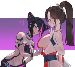 2girls :d absurdres black_hair blush bracelet breast_poke breasts brown_eyes brown_hair capcom collar commentary_request crossover fatal_fury gradient_background han_juri heart high_ponytail highres jewelry large_breasts leaning_forward long_hair matching_hair/eyes medium_breasts multicolored_hair multiple_girls navel open_mouth pink_hair poking ponytail revealing_clothes shiranui_mai si_(sitisi_28) sideboob sidelocks smile snk spiked_bracelet spiked_collar spikes street_fighter street_fighter_6 the_king_of_fighters upper_body yuri